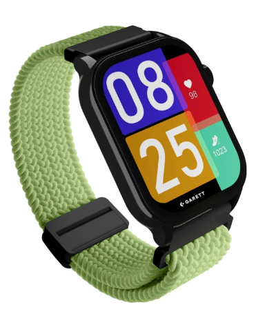 Czarny smartwatch z jasnozieloną materiałową bransoletą. Wyświetlacz pokazuje 08:25.