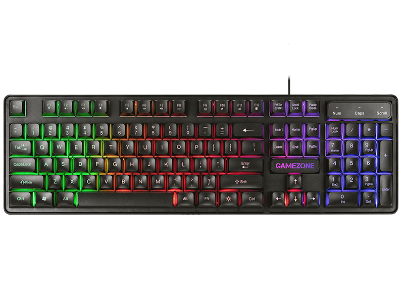 Czarna klawiatura GAMEZONE z kolorowym podświetleniem RGB, pokazuje klawisze od Esc do Enter.