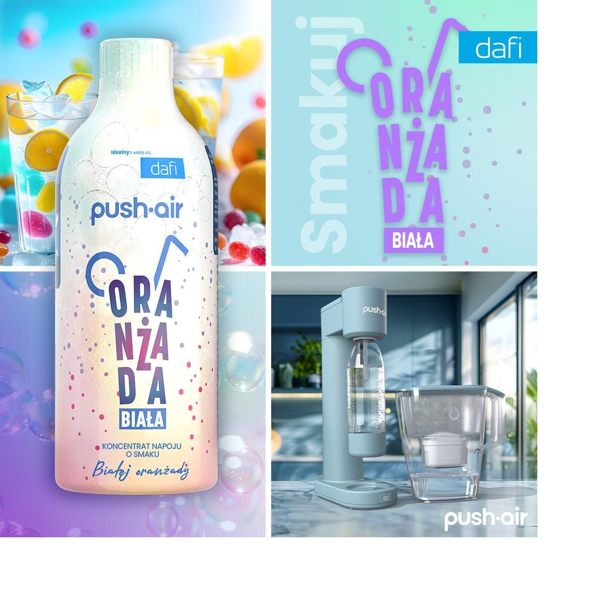 Butelka koncentratu oranżady obok szklanek z napojami i saturatora.