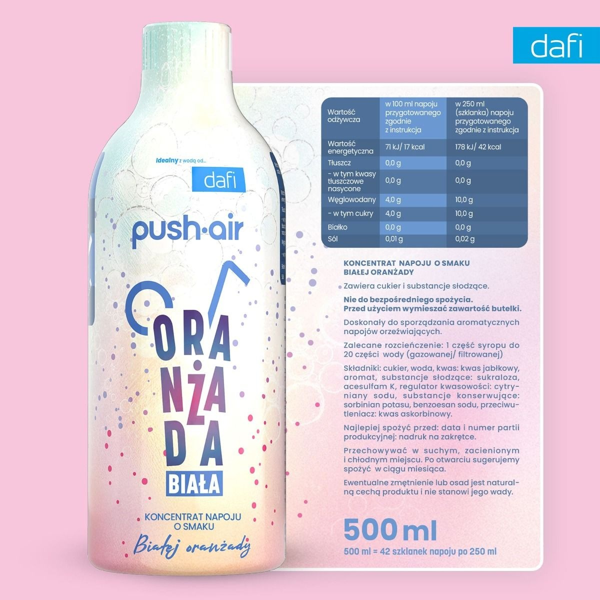 Butelka koncentratu białej oranżady Dafi Push-Air z informacjami o wartościach odżywczych.