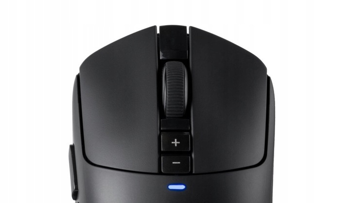 Czarna mysz komputerowa z kółkiem, przyciskami +/- i niebieską diodą LED.