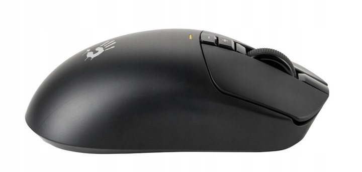 Czarna mysz komputerowa z kółkiem i przyciskami, widok z boku. Logo na górze.