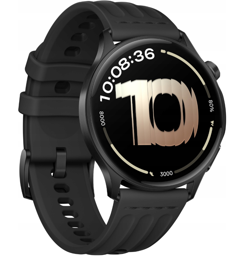 Czarny smartwatch z okrągłą tarczą, godzina 10:08:36, bateria 80%.
