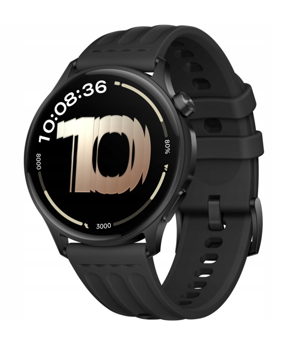 Czarny smartwatch z tarczą pokazującą 10:08:36, 80% baterii i 3000 kroków.