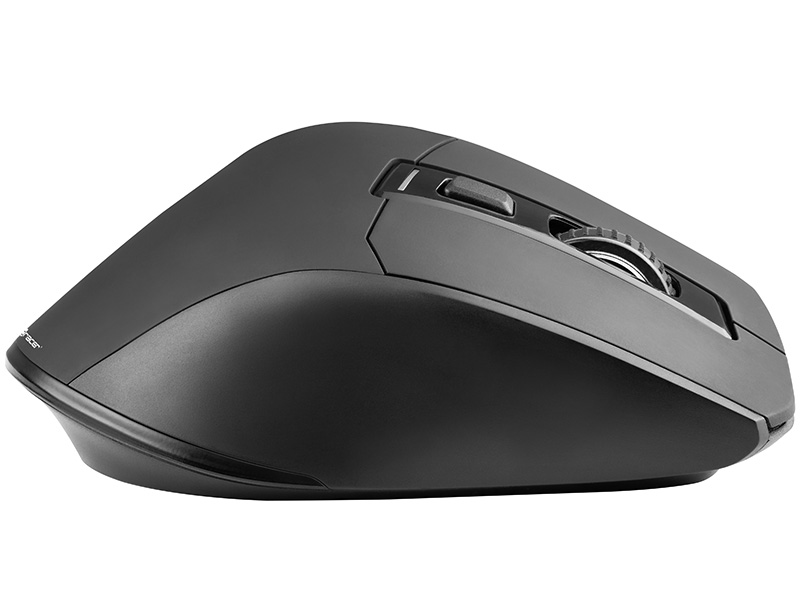 Czarna mysz komputerowa z kółkiem i dwoma przyciskami, widok z boku.