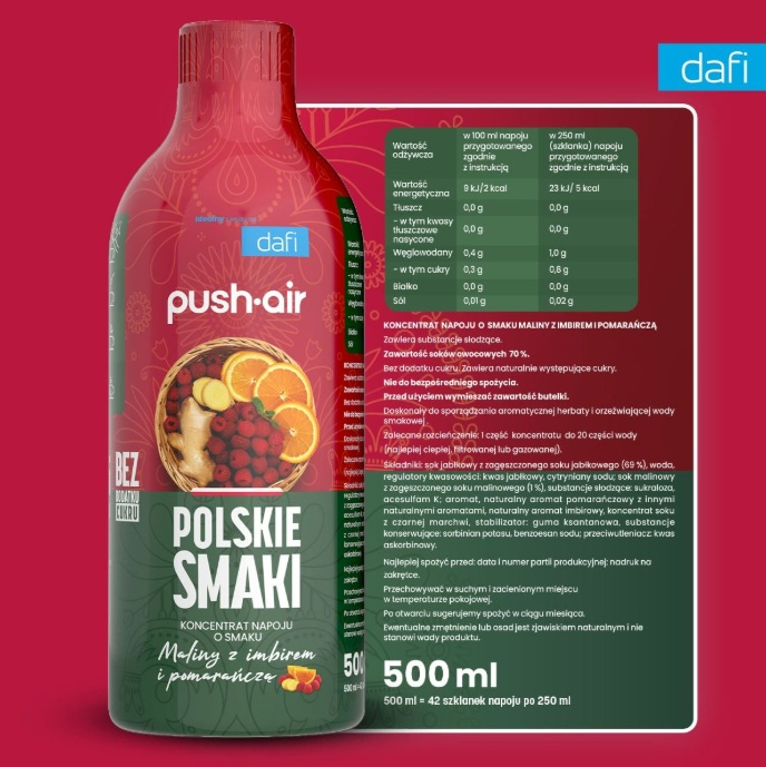 Butelka koncentratu malinowo-imbirowo-pomarańczowego z danymi odżywczymi.