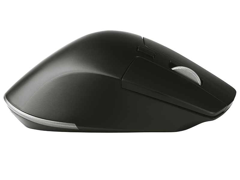 Czarna mysz komputerowa z srebrnym kółkiem przewijania, widziana z boku.