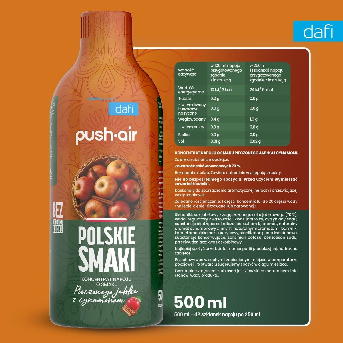 Butelka syropu jabłkowo-cynamonowego z danymi odżywczymi i marką Dafi.