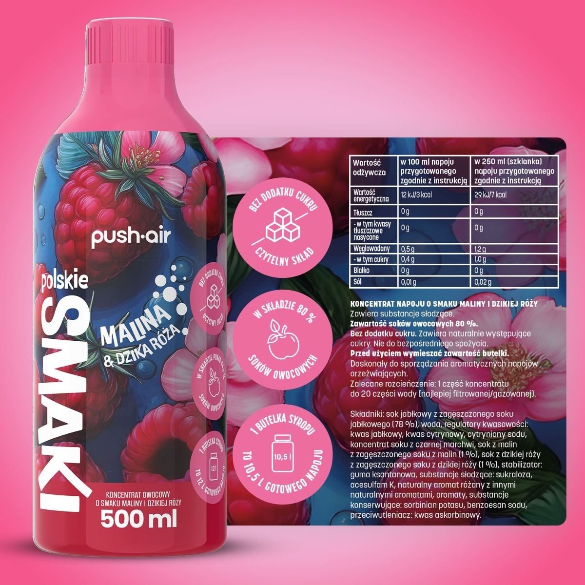 Butekla koncentratu syropu malinowo-dzikiej róży z danymi odżywczymi i składem.