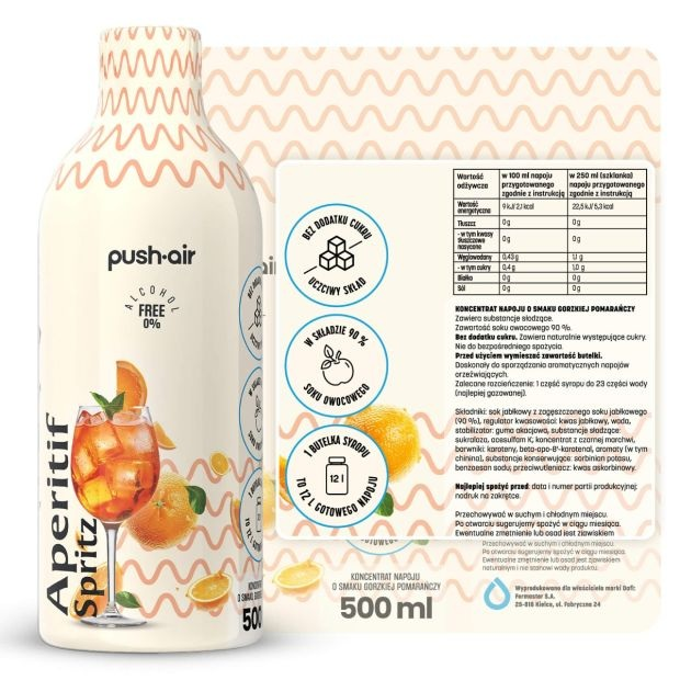 Butelka Aperitif Spritz, 0% alkoholu, z pomarańczami i kostkami lodu.