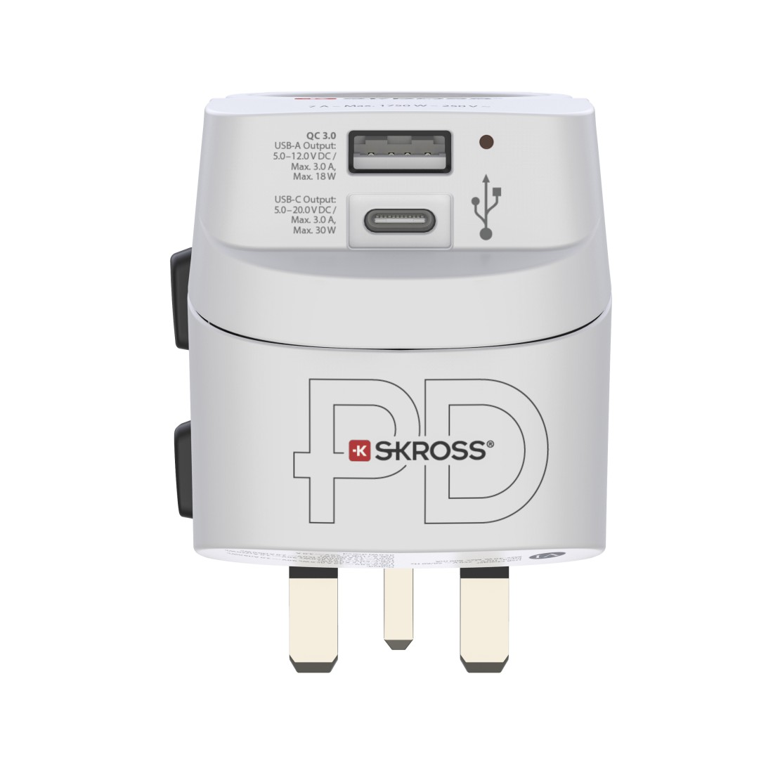 Weißer Reiseadapter mit USB-A, USB-C und Netzstecker.