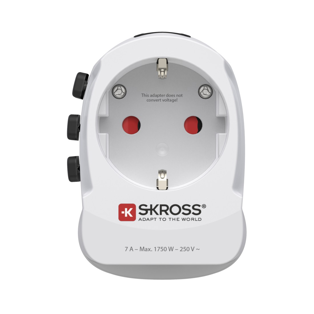 Weißer Reiseadapter von SKROSS mit drei schwarzen Drehknöpfen und Steckdosen.
