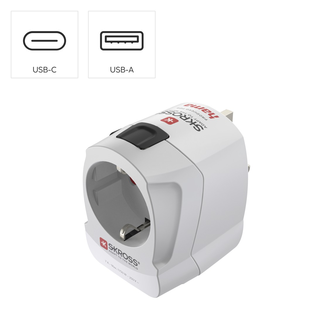 Ein weißer Reiseadapter von SKROSS mit USB-C und USB-A Symbolen.