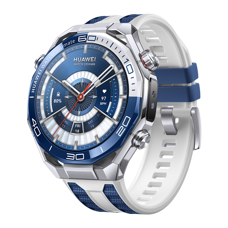 Mavi ve beyaz kadranlı, gümüş ve mavi çerçeveli, beyaz kayışlı Huawei Watch Ultimate.