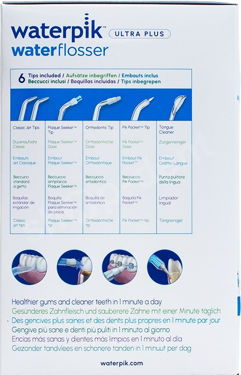 Opakowanie Waterpik Waterflosser pokazujące 6 końcówek i ilustracje użycia.