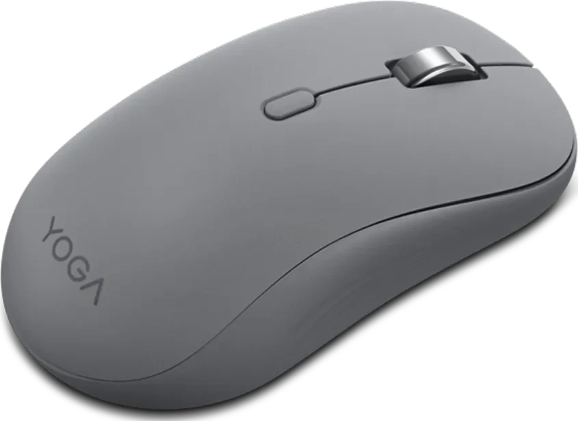 Szara mysz bezprzewodowa z kółkiem przewijania i napisem 