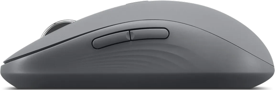 Szara mysz komputerowa z kółkiem i dwoma przyciskami, widok z boku.
