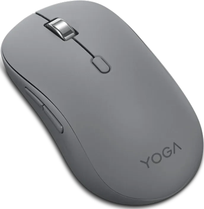 Szara bezprzewodowa mysz komputerowa z srebrnym kółkiem i dwoma przyciskami.