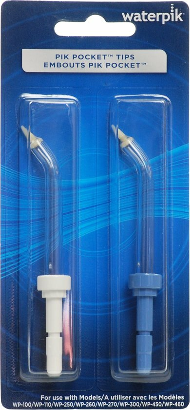 Opakowanie z dwoma końcówkami Waterpik Pik Pocket, jedną białą, jedną niebieską.