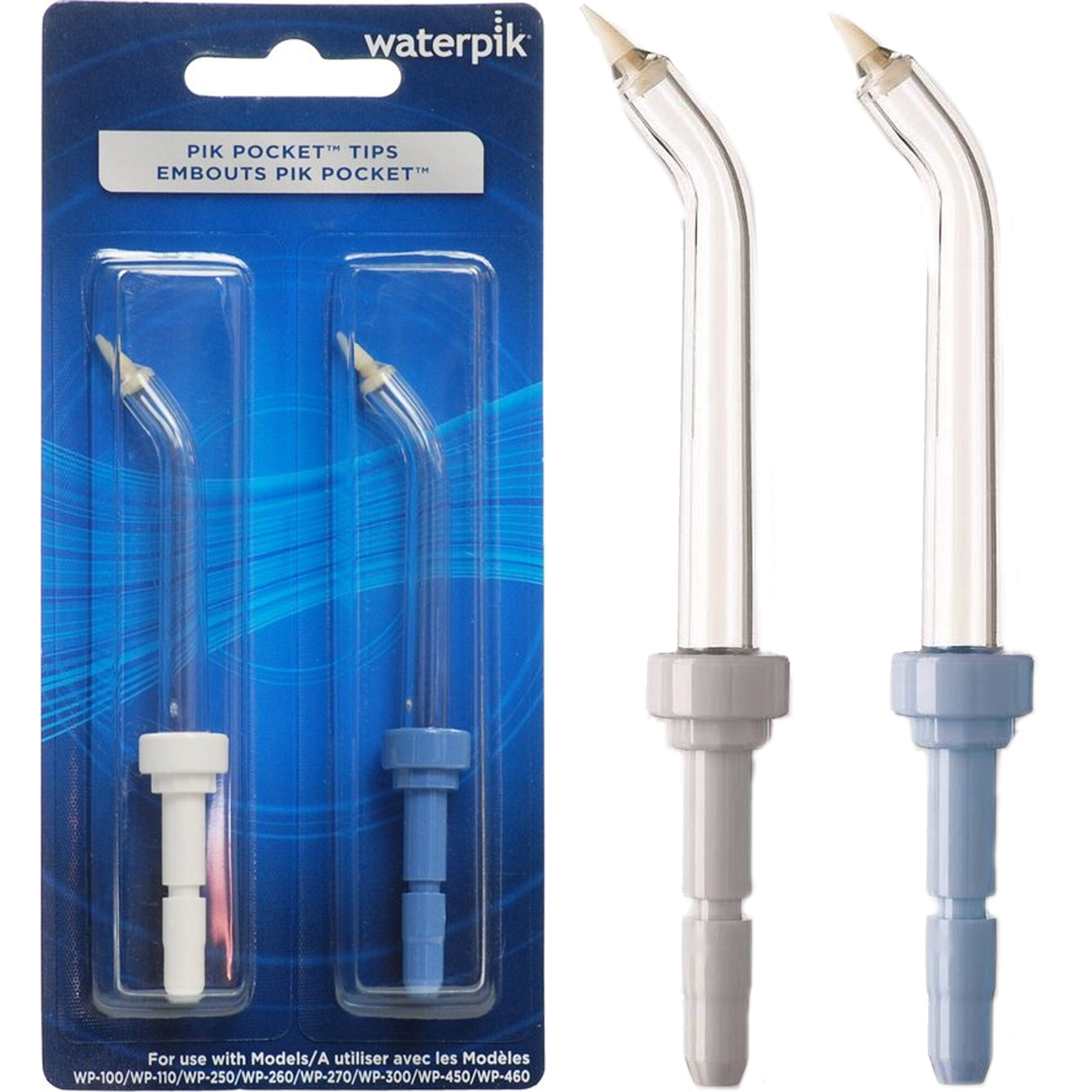 Dwie końcówki Waterpik Pik Pocket do irygatora w blistrze i pojedynczo.