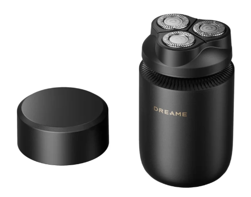 Czarna golarka elektryczna z trzema obrotowymi głowicami i czarną nakładką.