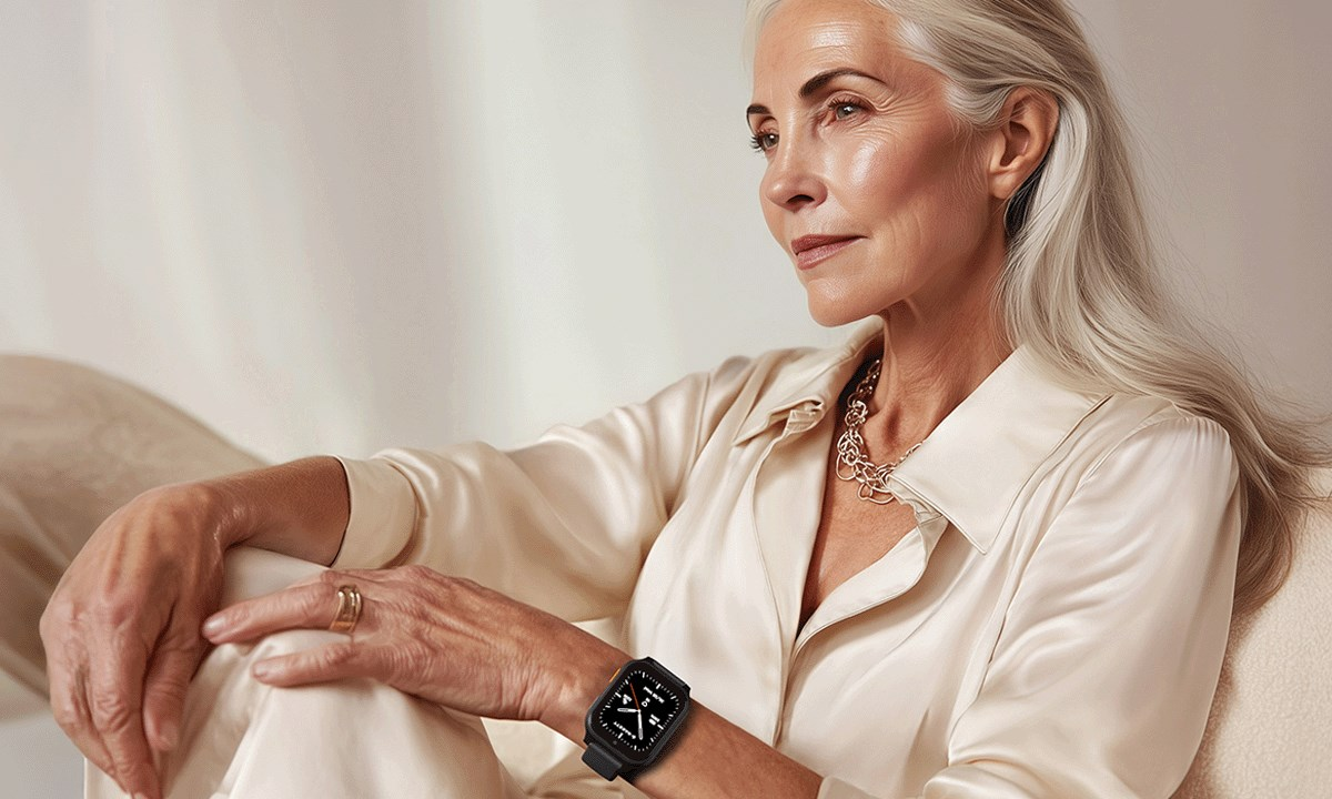 Starsza kobieta z siwymi włosami nosi jedwabistą bluzkę i zegarek.