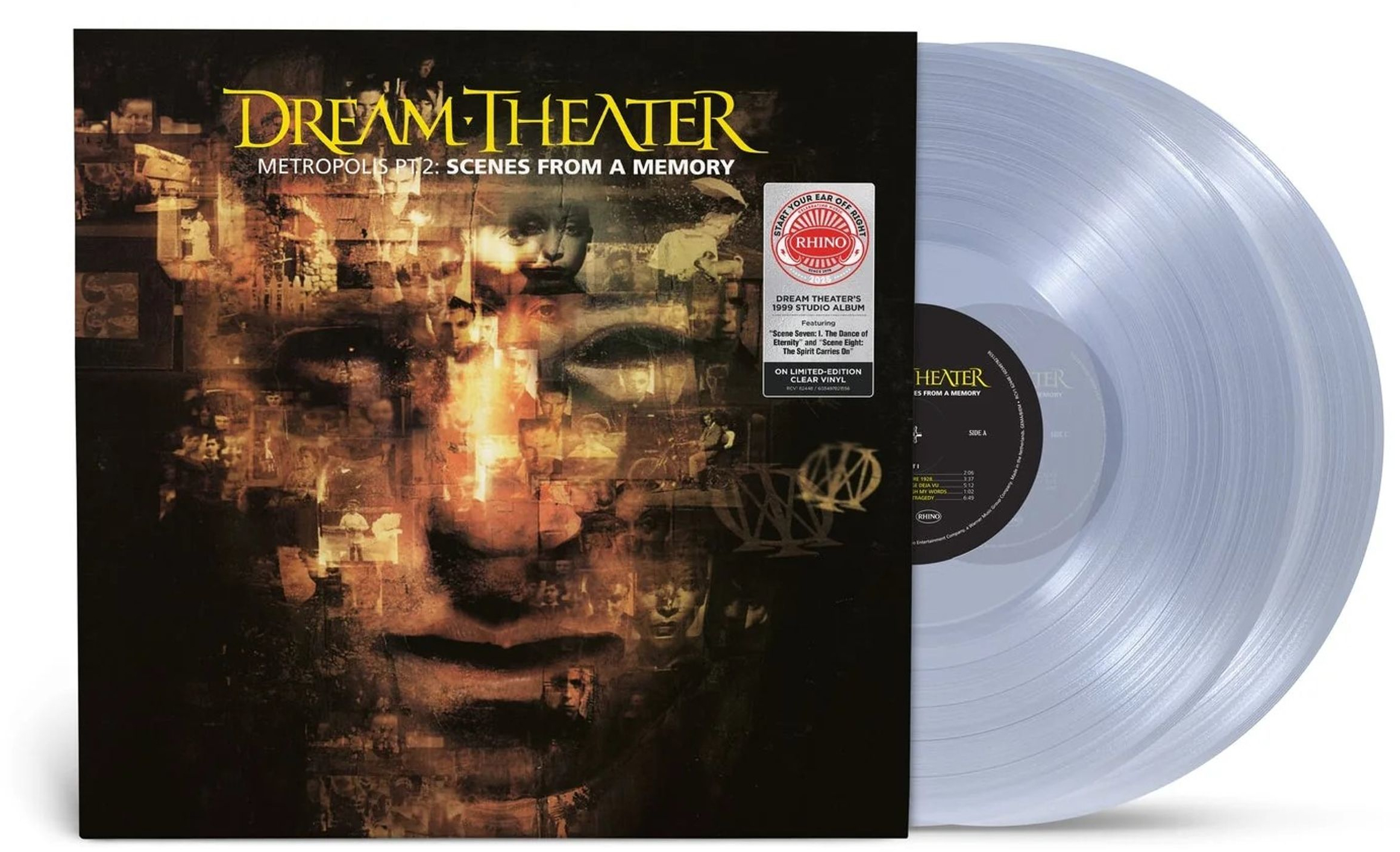 Dream Theater album borító bakelit lemezzel. Arcok és jelenetek kollázsa.