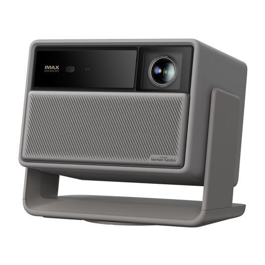 Szary projektor z głośnikiem Harman Kardon i logo IMAX Enhanced.