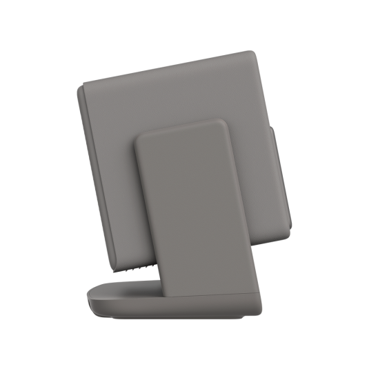 Szary stojak z górnym prostokątnym elementem, widok z boku.