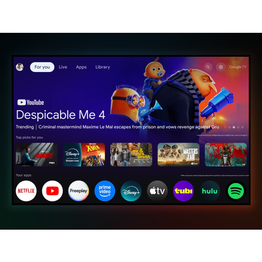 Interfejs Google TV pokazuje Mój Zły Ja 4 YouTube, z ikonami aplikacji poniżej.