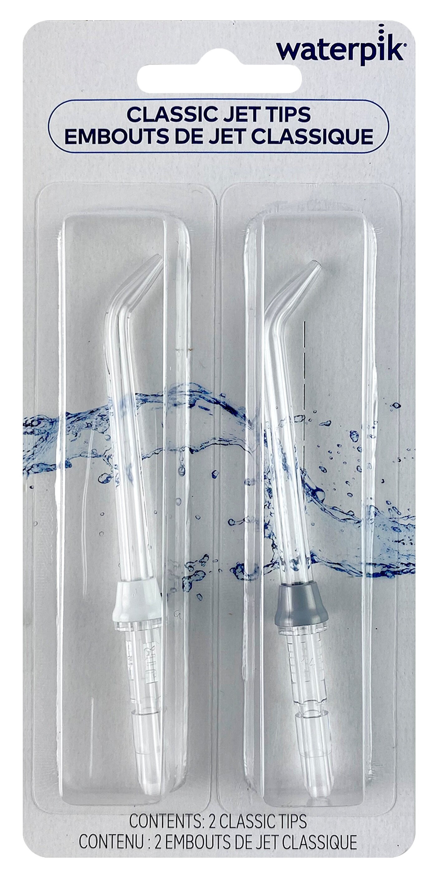 Końcówki Waterpik Classic Jet w blistrze z rozpryskami wody.