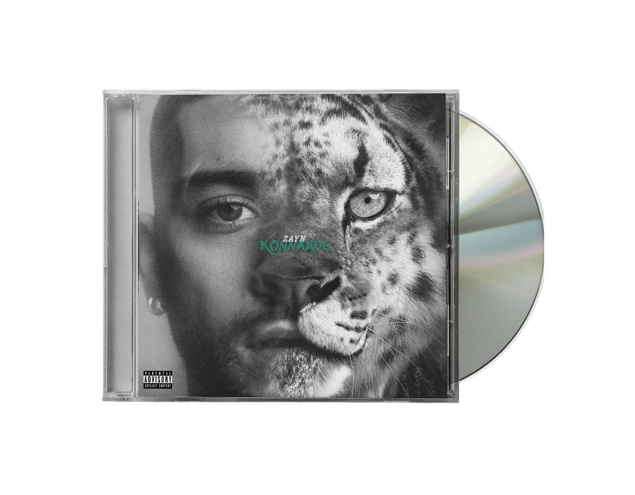 CD-Cover mit geteiltem Gesicht: Mann und Raubkatze. "ZAYN" und "KO" sind zu sehen.