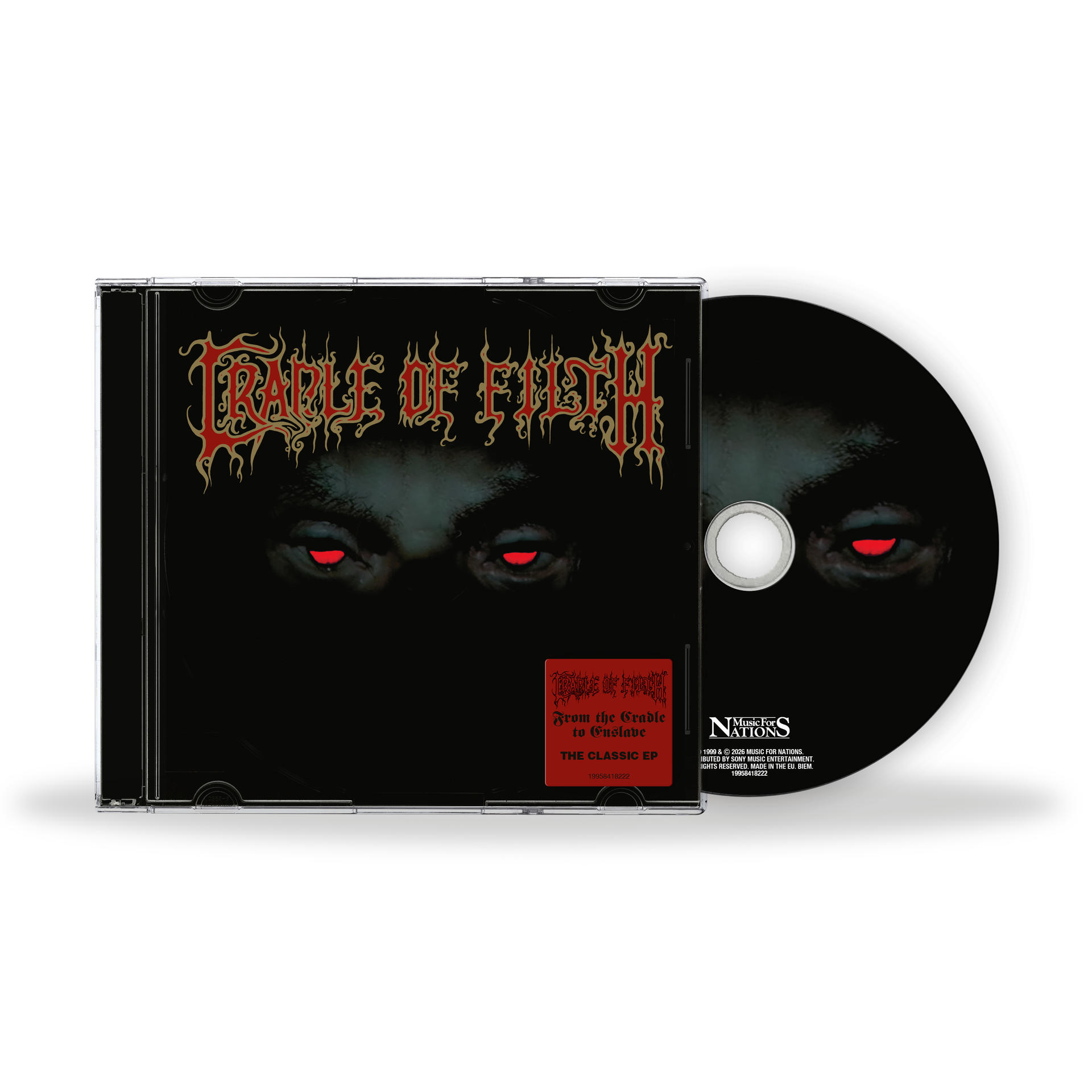CD-Hülle und Disc mit dunklem Cover, Bandlogo und roten Augen.