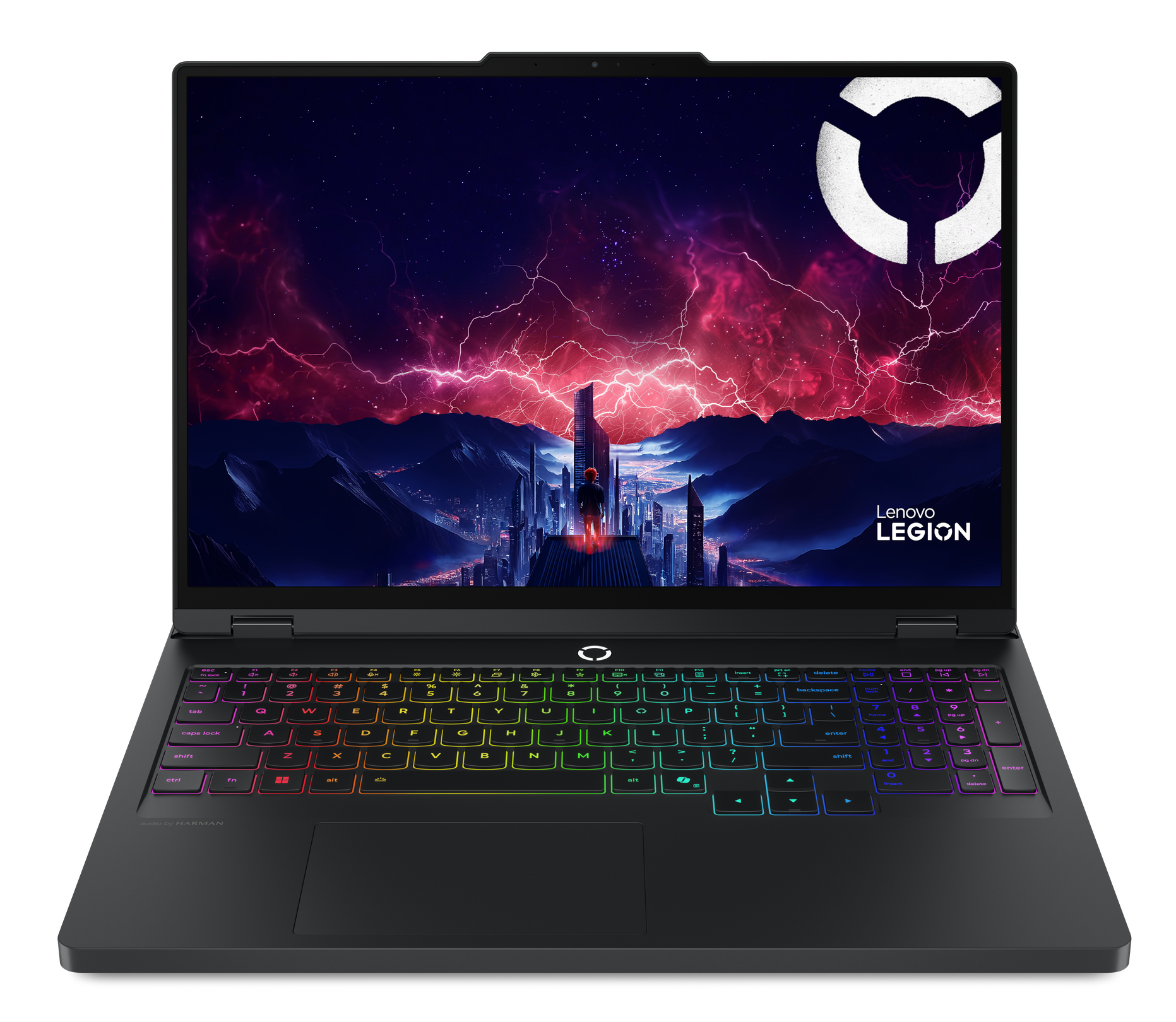 Otwarty laptop z podświetlaną klawiaturą i dramatyczną tapetą.