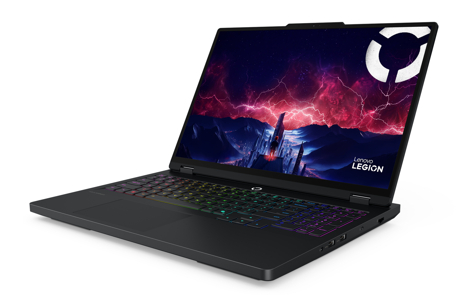 Czarny laptop z podświetlaną klawiaturą i żywym ekranem.