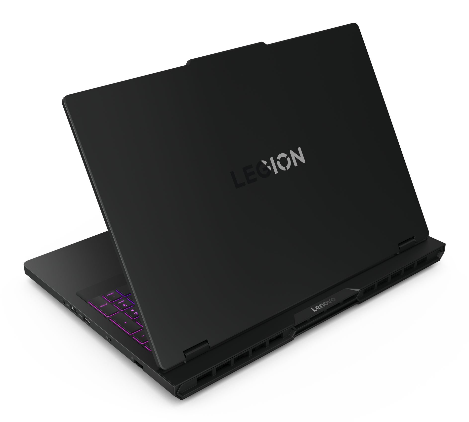 Czarny laptop z logo "LEGION" i podświetlaną klawiaturą.