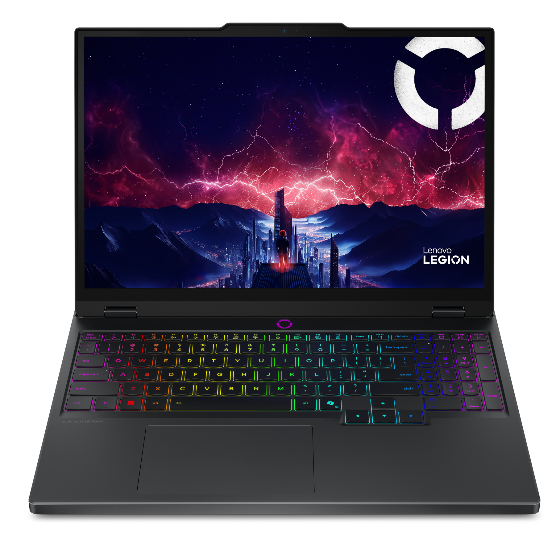 Laptop Lenovo Legion z podświetlaną klawiaturą i futurystyczną tapetą.