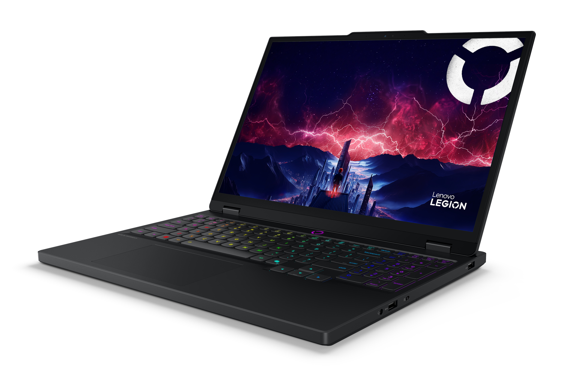Czarny laptop Lenovo Legion z kolorową klawiaturą i futurystyczną tapetą.