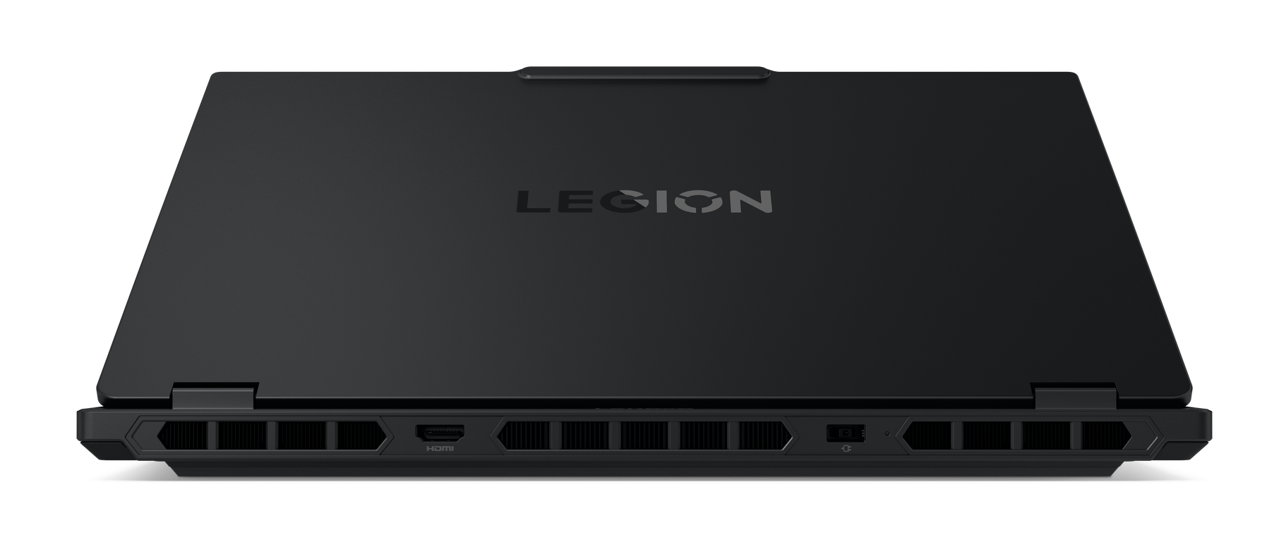 Czarny laptop z logo "LEGION" na górze i tylnymi otworami wentylacyjnymi.