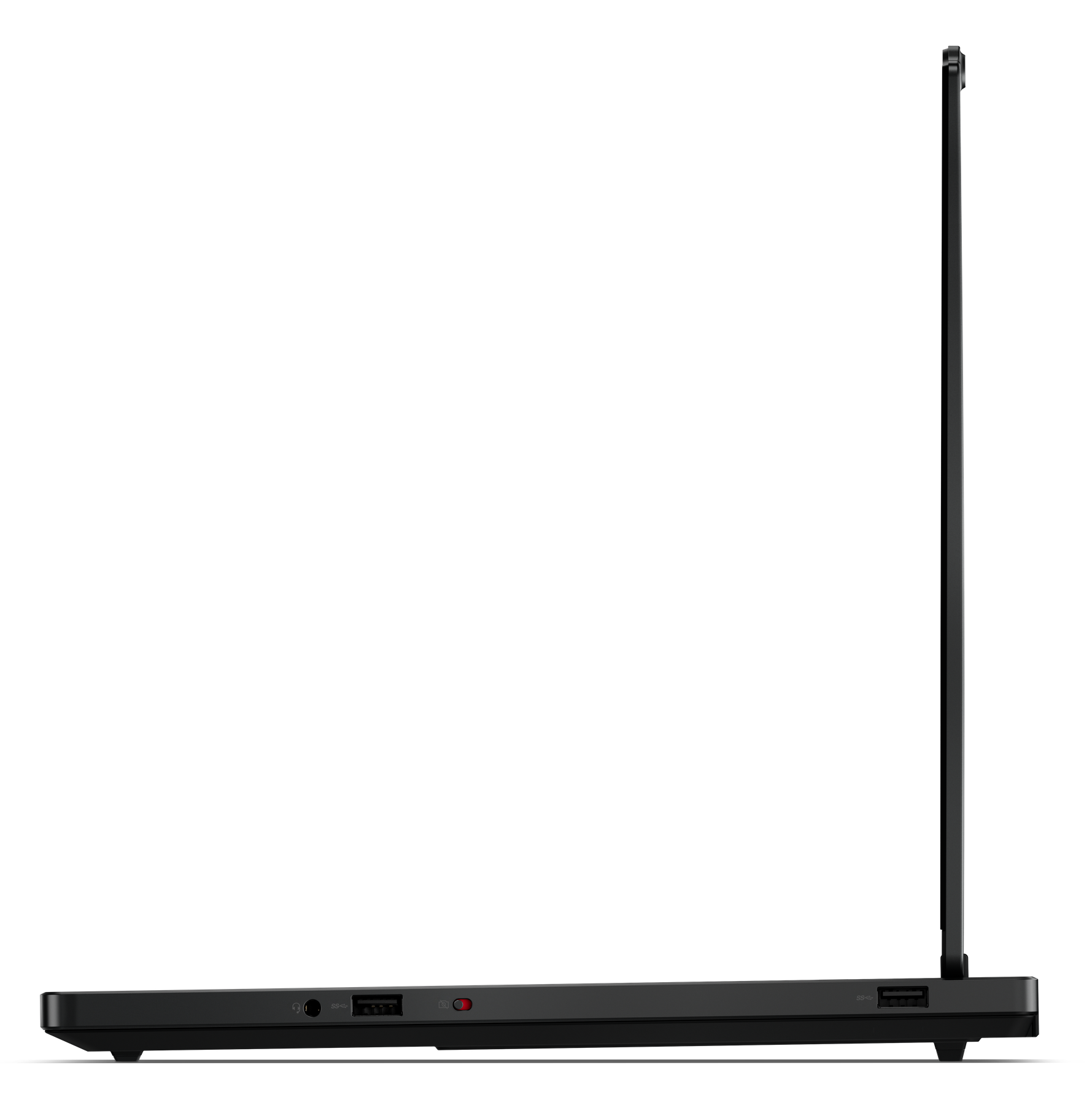 Widok z boku czarnego laptopa z portami USB i gniazdem słuchawkowym.