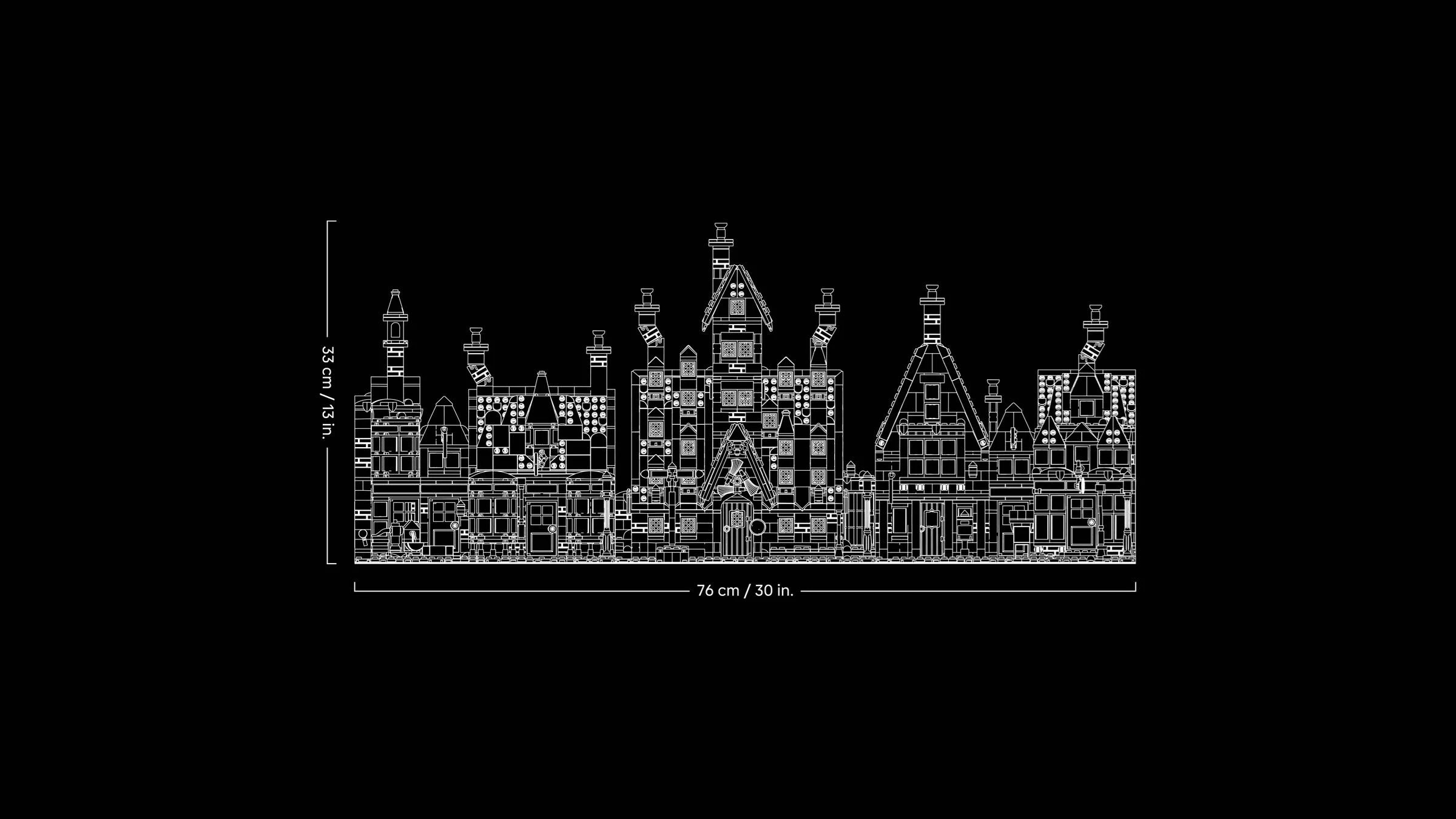 Rysunek techniczny fasady budynku Lego z wieżami i oknami.