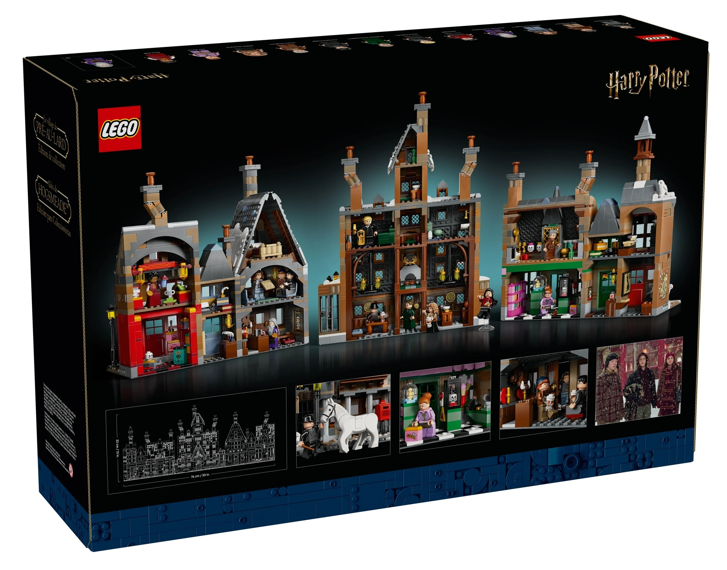 LEGO Harry Potter Hogsmeade na pudełku, pokazujące szczegółowe budynki.