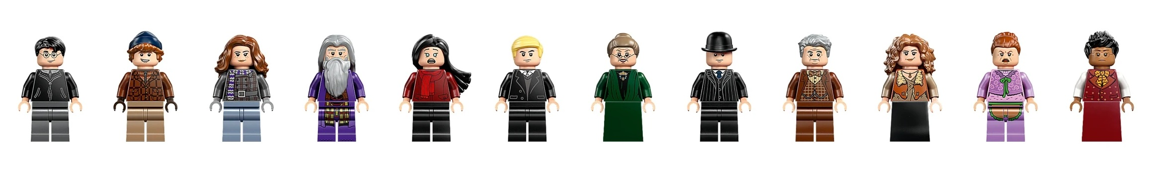 Jedenastu postaci Lego, całe ciało, stojących obok siebie od lewej do prawej.