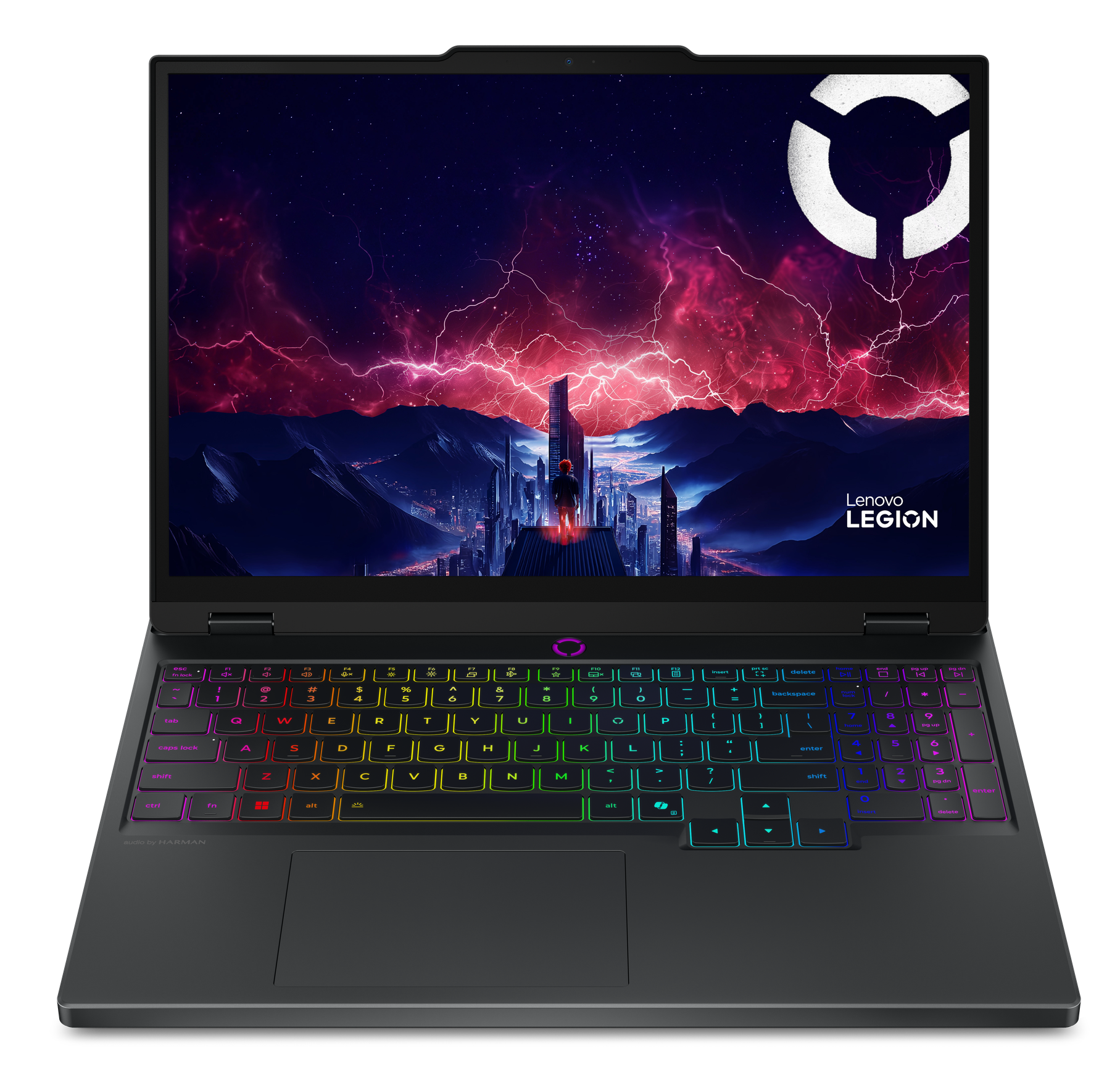 Laptop z podświetlaną klawiaturą i futurystyczną tapetą.