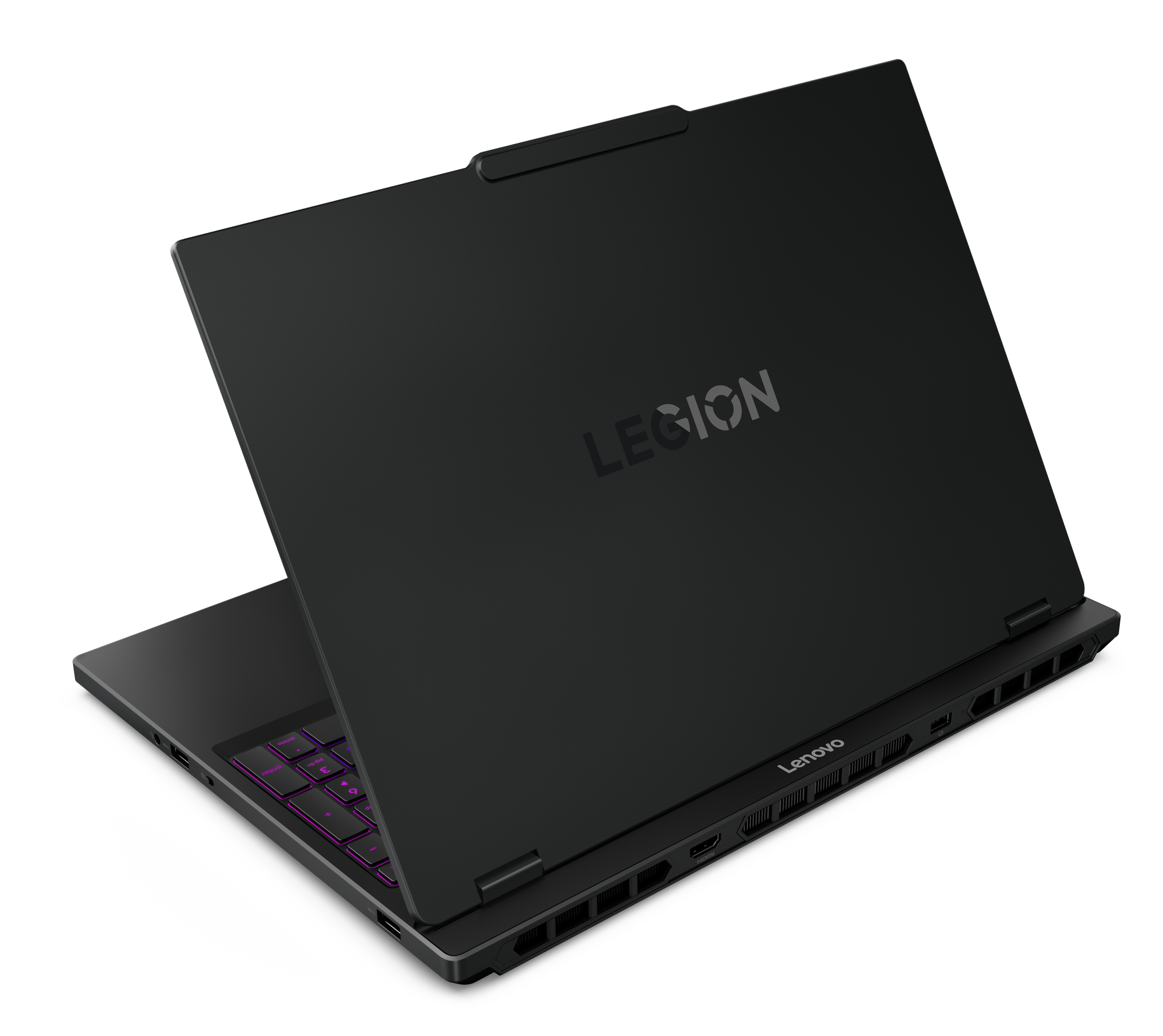 Czarny laptop z podświetlaną klawiaturą i logo "Legion" na pokrywie.