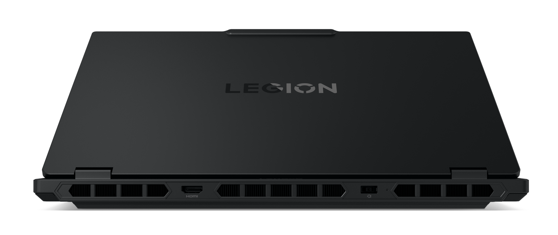 Czarny laptop z logo "LEGION", widoczne porty HDMI i USB.