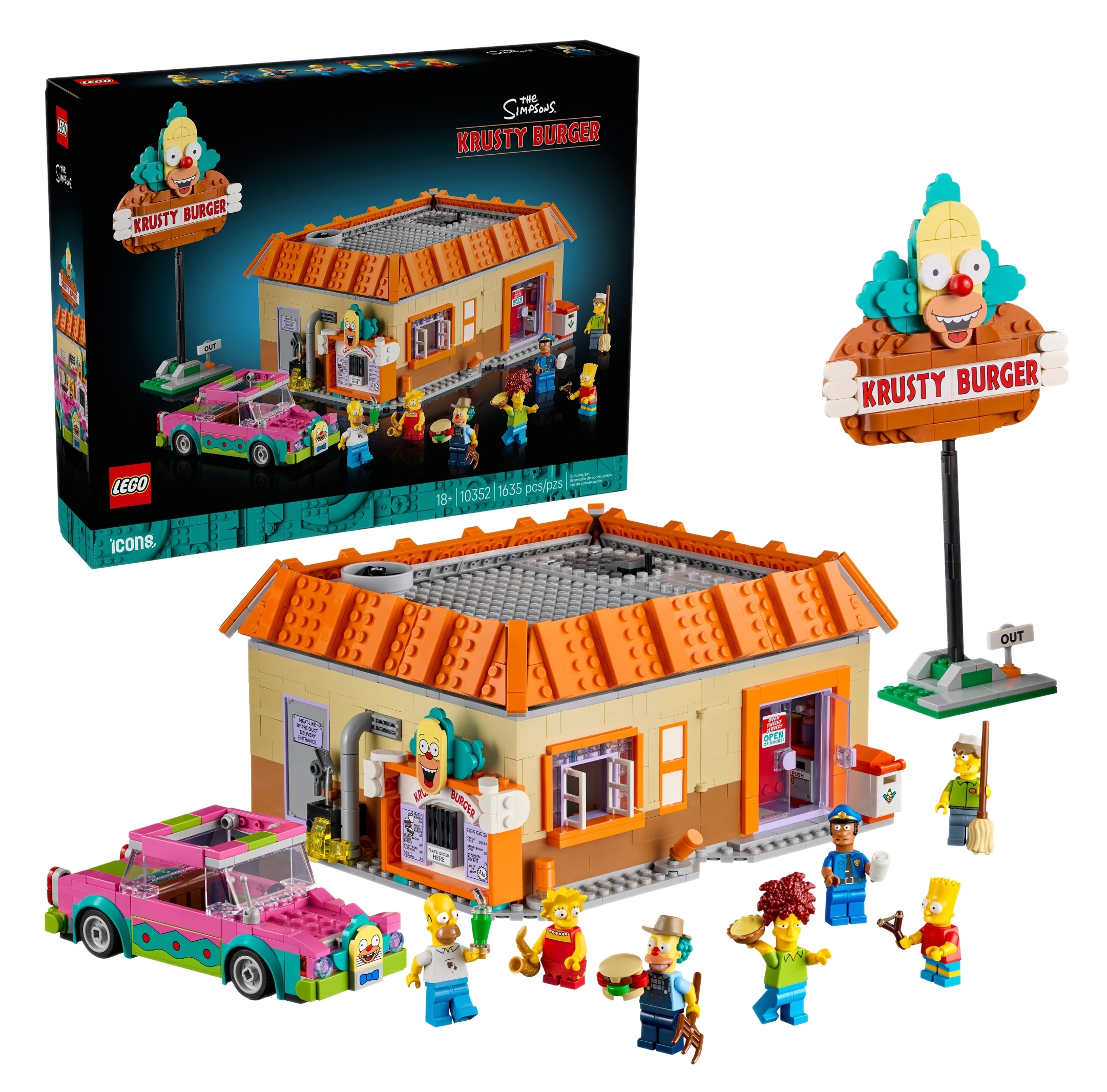 Zestaw LEGO Krusty Burger z figurkami, samochodem i budynkiem.