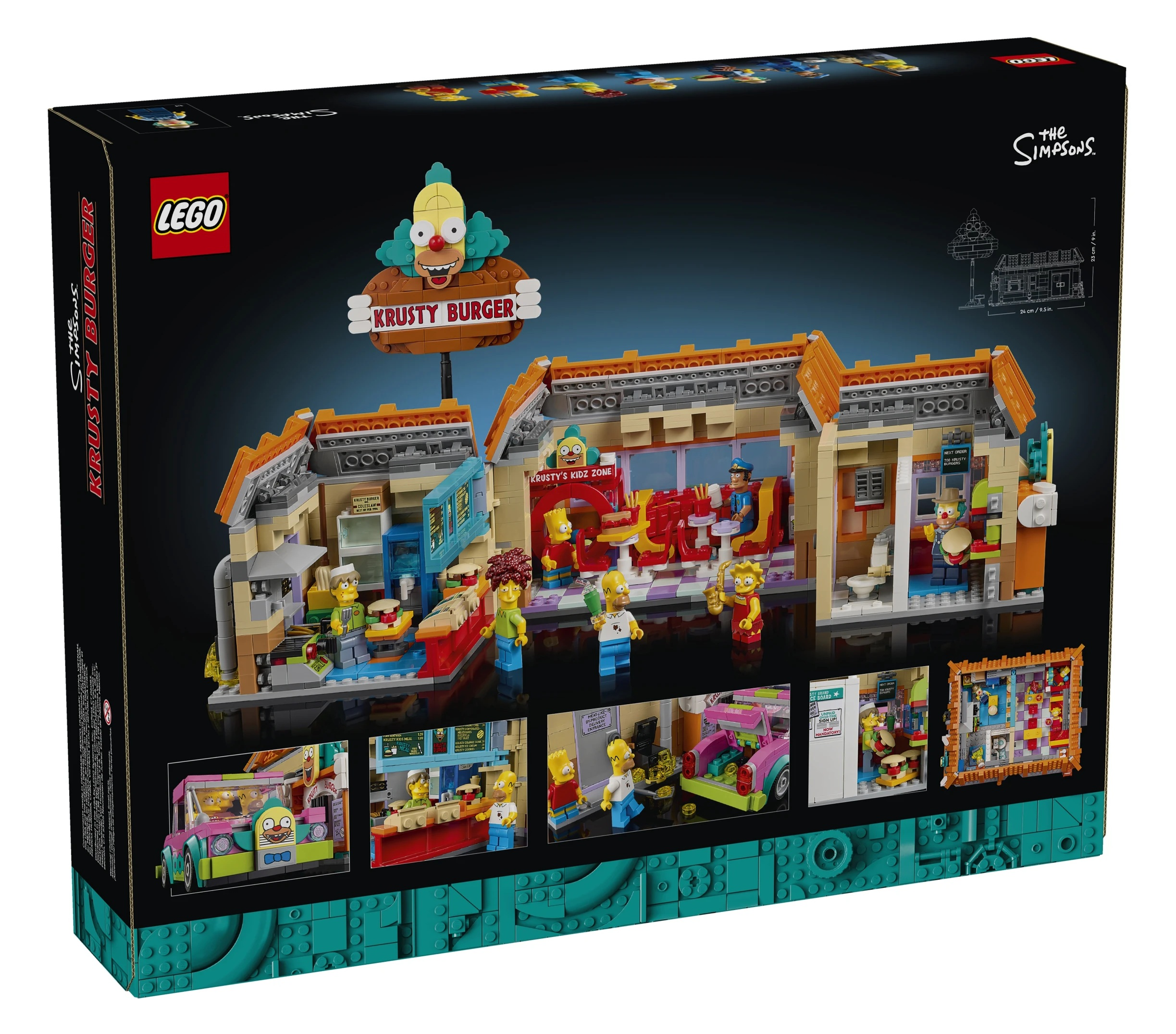 Zestaw LEGO Krusty Burger z postaciami Simpsonów, znakiem Krusty i pojazdem.