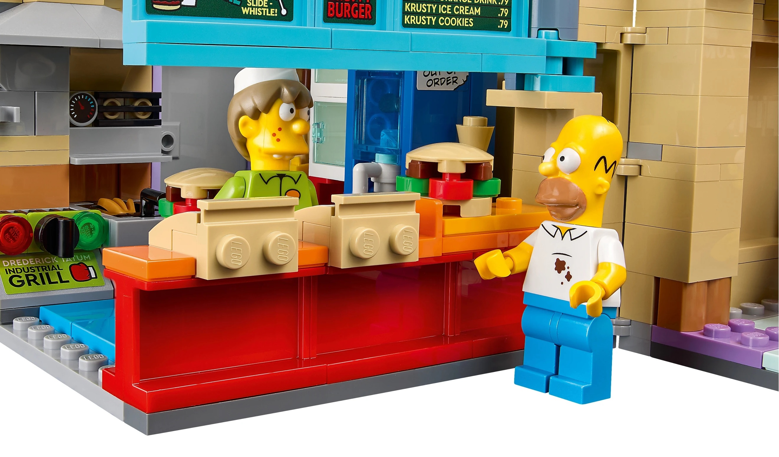 Lego Homer Simpson w Krusty Burger z pracownikiem Lego.
