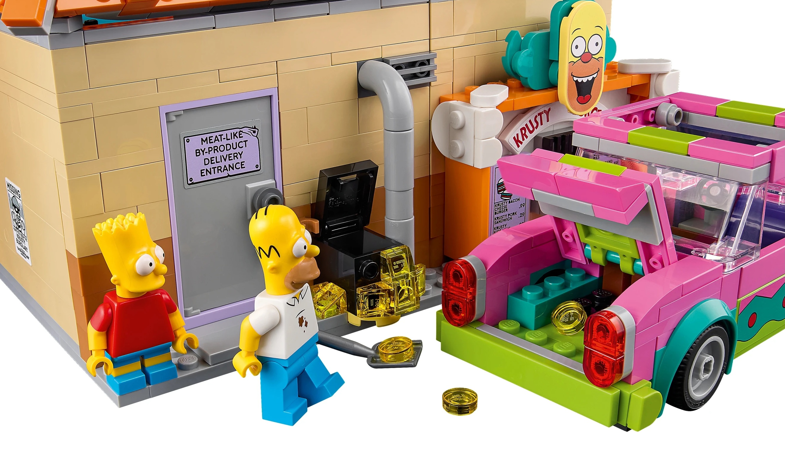 Homer i Bart przed Krusty Burgerem z kolorowym samochodem.